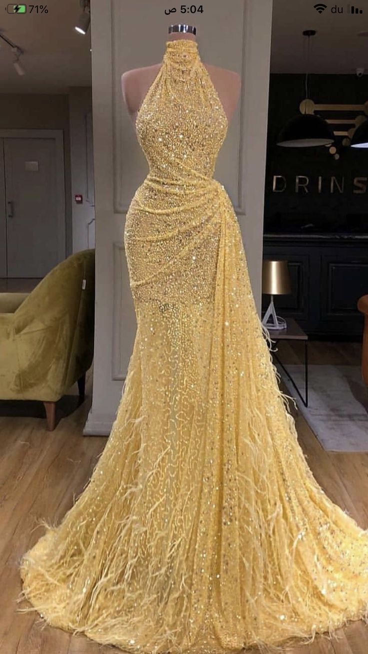 Yellow Evening Dress Long High Neck Sparkly Feather Luxury Bling Evening Gown Formal Prom Dress AB1662