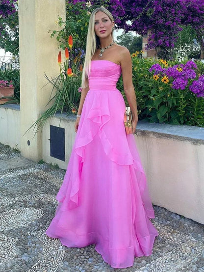 Gorgeous Fashion Pink A Line Strapless Organza Prom Dress Formal Gowns AB397