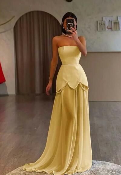 Attractive Yellow Prom Dresses Sheath Evening Gowns With Pearls Satin Formal Party Gowns AB400