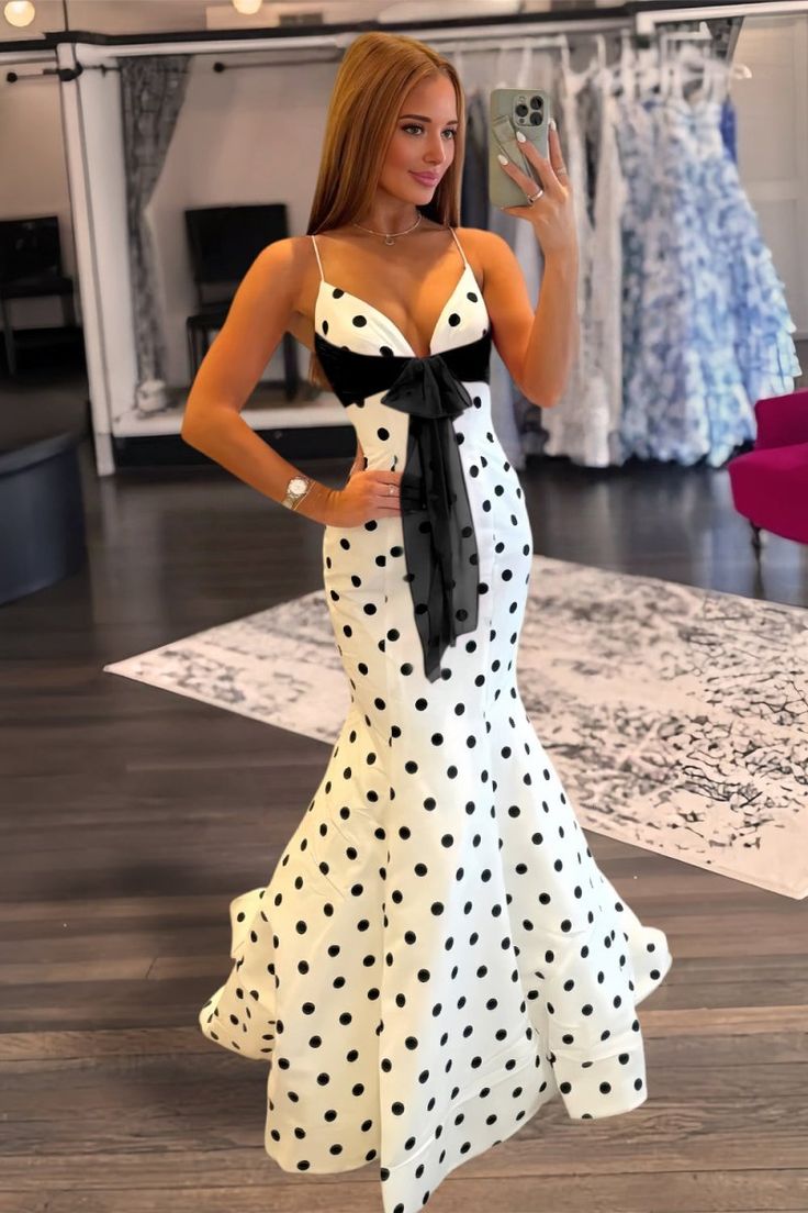 Charming Spaghetti Straps Polka Dots Mermaid Formal Prom Dresses With Bow Birthday Outfits AB2310