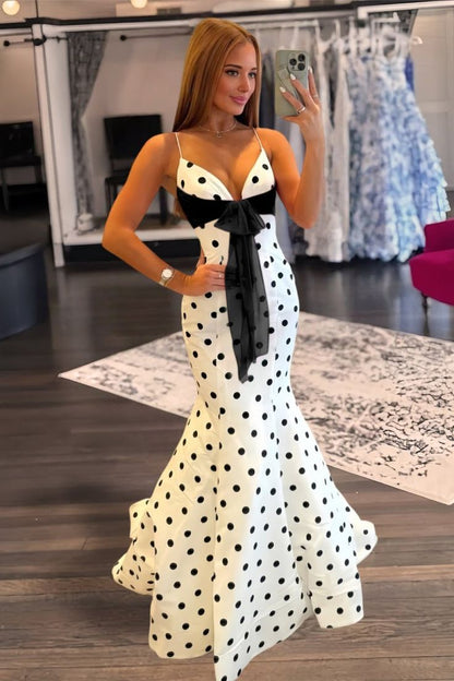 Charming Spaghetti Straps Polka Dots Mermaid Formal Prom Dresses With Bow Birthday Outfits AB2310