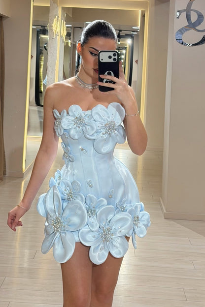 Whimsical Dream A Line Strapless Blue Satin Hoco Outftis inspo Short Homecoming Dresses 2026 RB6863