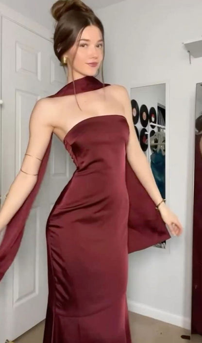 Elegant Mermaid Strapless Burgundy Satin Senior Aesthetic Prom Dresses Prom Gowns Birthday Outfits Graduation Dress RB795