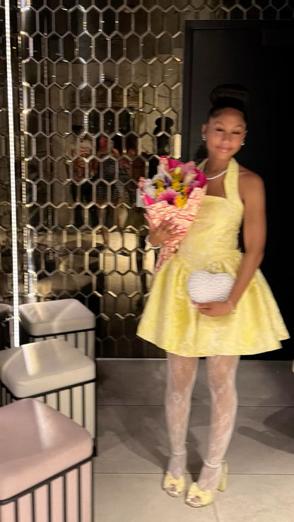 Cute A Line Birthday Dress Yellow Halter Homecoming Dress Short Party Outfits RB8180