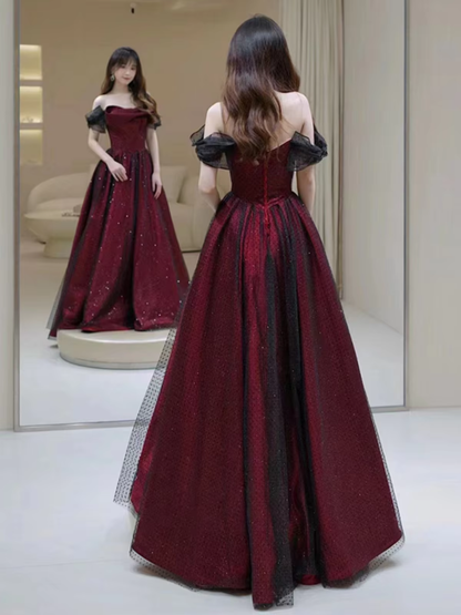 Black and Red Tulle Prom Dresses Long A-line Off Shoulder Wedding Party Gown Birthday Gowns AB916