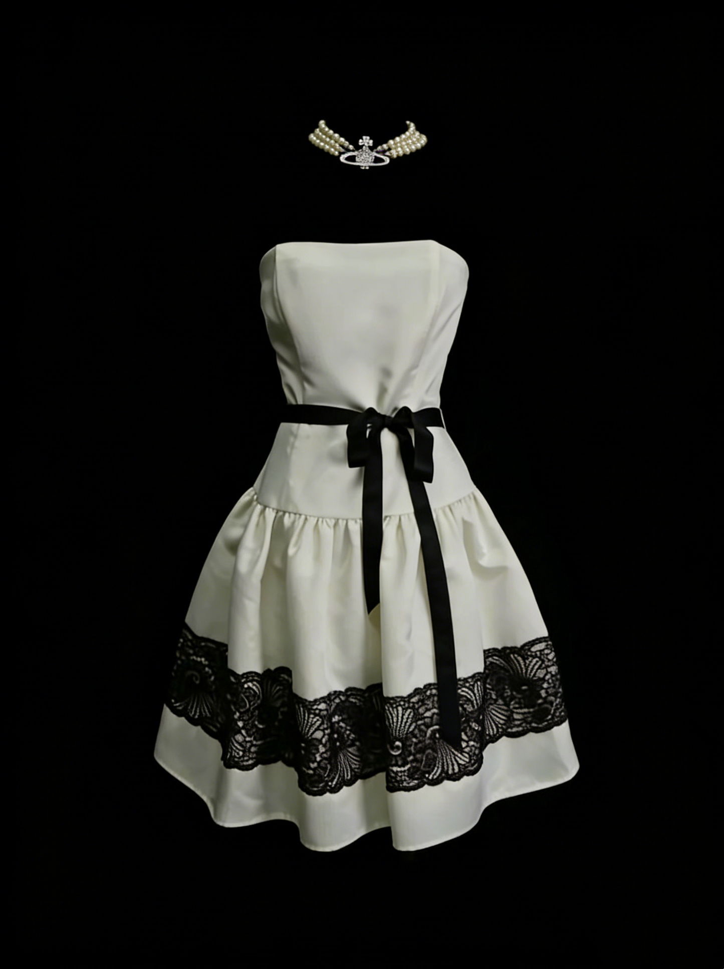 Unique A Line Strapless Ivory Satin With Black Lace Inspo 2000s Hoco Gowns Inspo Homecoming Dresses N1444