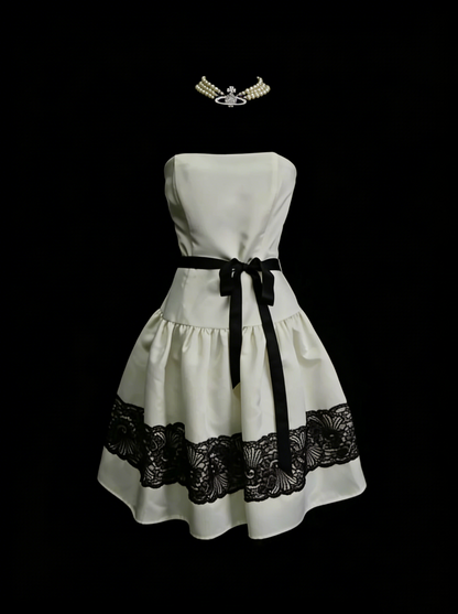 Unique A Line Strapless Ivory Satin With Black Lace Inspo 2000s Hoco Gowns Inspo Homecoming Dresses N1444