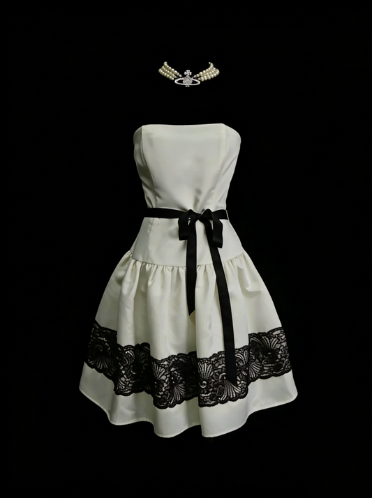 Unique A Line Strapless Ivory Satin With Black Lace Inspo 2000s Hoco Gowns Inspo Homecoming Dresses N1444
