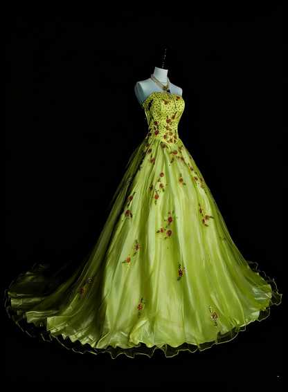 Chic Ball Gown Strapless Green Tulle With Beaded Long College Formal Outfit Prom Graduation Dresses For Teens N1379