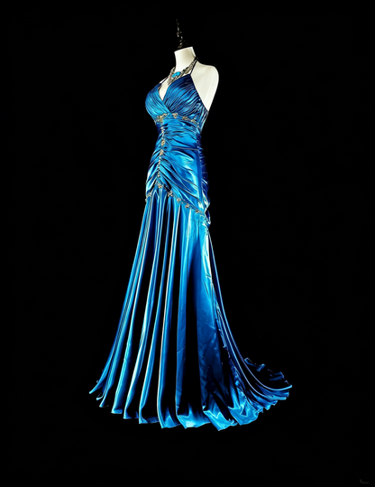 Vintage Prom Dresses Mermaid Halter Blue Satin With Beads Long Formal Dress N2378