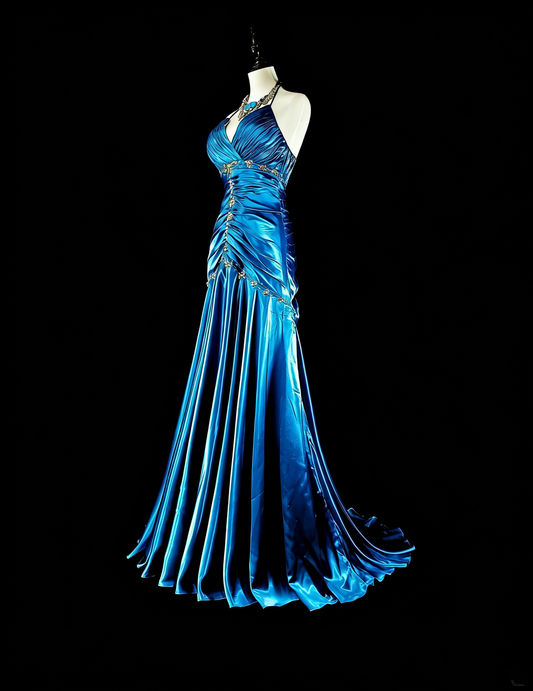 Vintage Prom Dresses Mermaid Halter Blue Satin With Beads Long Formal Dress N2378