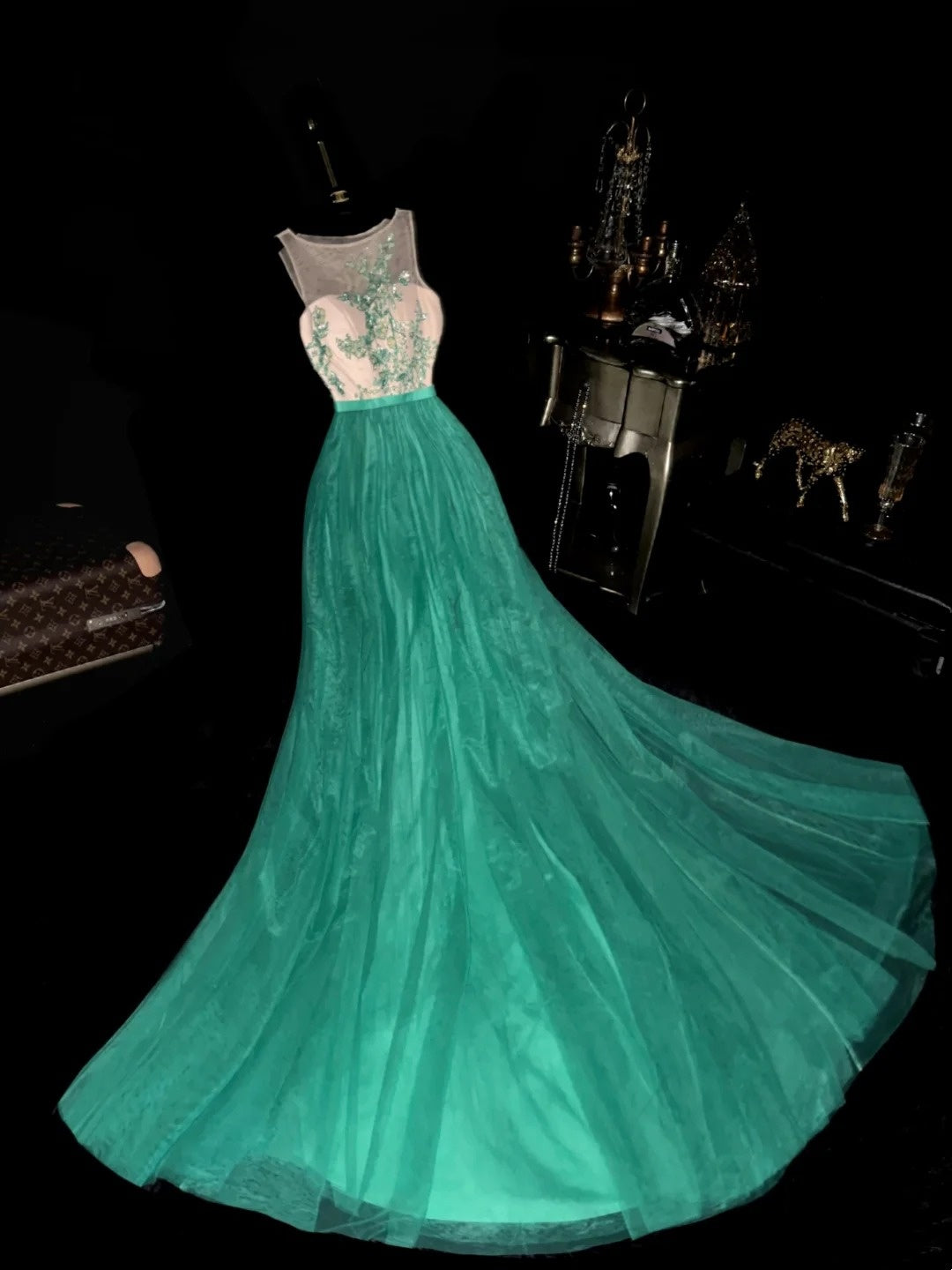 Classy Mermaid Scoop Green Tulle With Beading Long Prom Dresses Formal Outfits Evening Party Dress RB8257