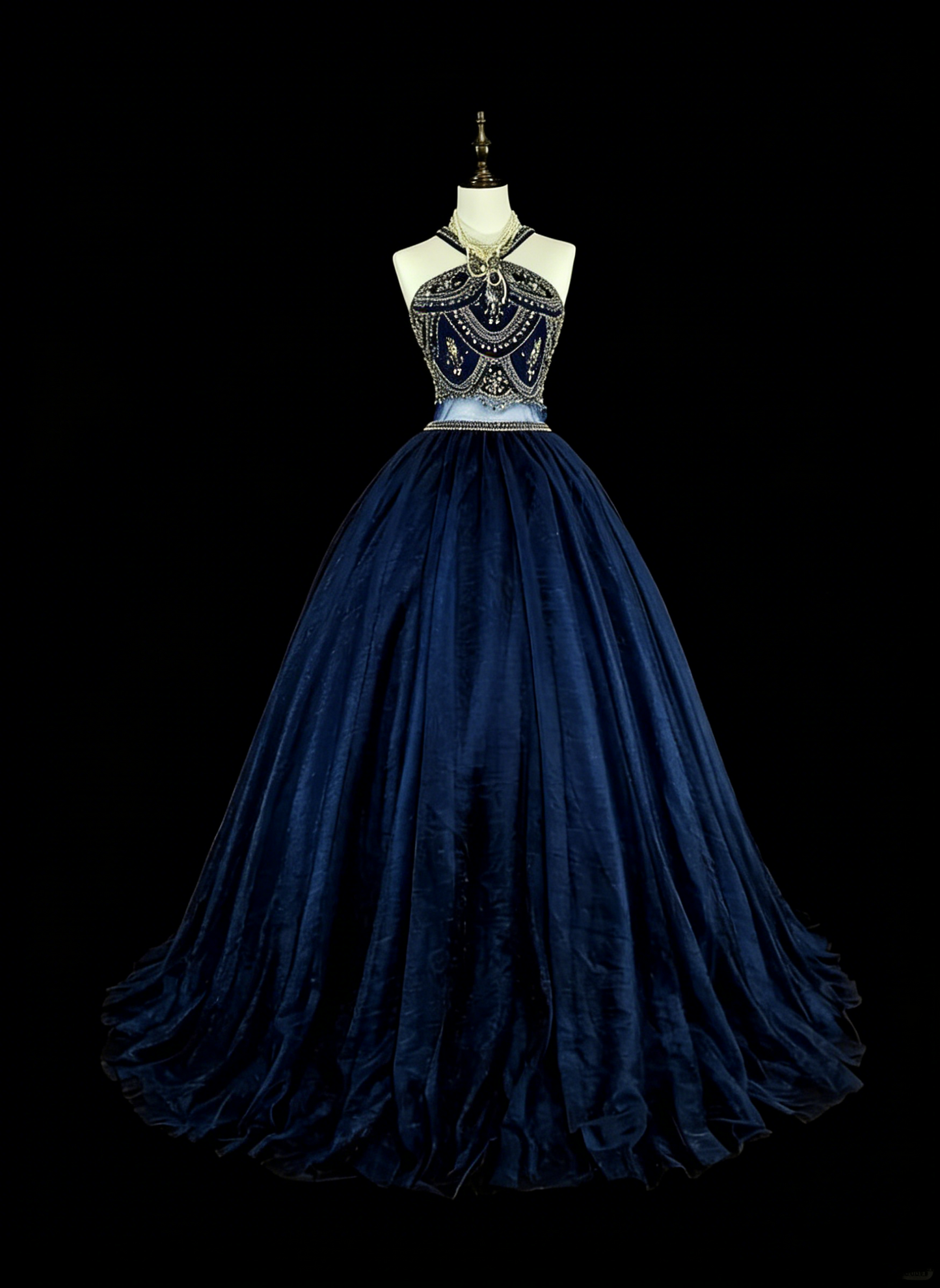 Vintage Ball Gown High Neck Navy Blue Tulle With Beadings Sleeveless 70s Prom Dresses Long Formal Party Gown N1485