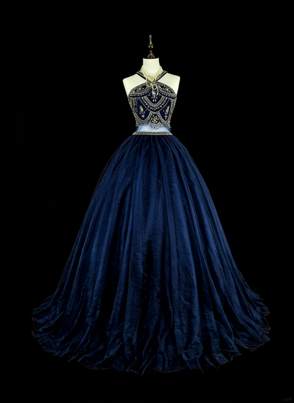 Vintage Ball Gown High Neck Navy Blue Tulle With Beadings Sleeveless 70s Prom Dresses Long Formal Party Gown N1485