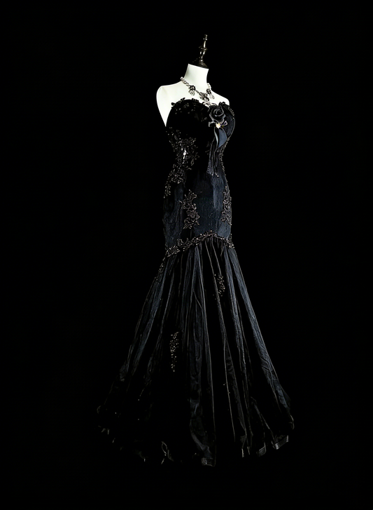 Vintage Prom Dresses Aesthetic Mermaid Sweetheart Black Tulle With Appliques Long Formal Dress N2157