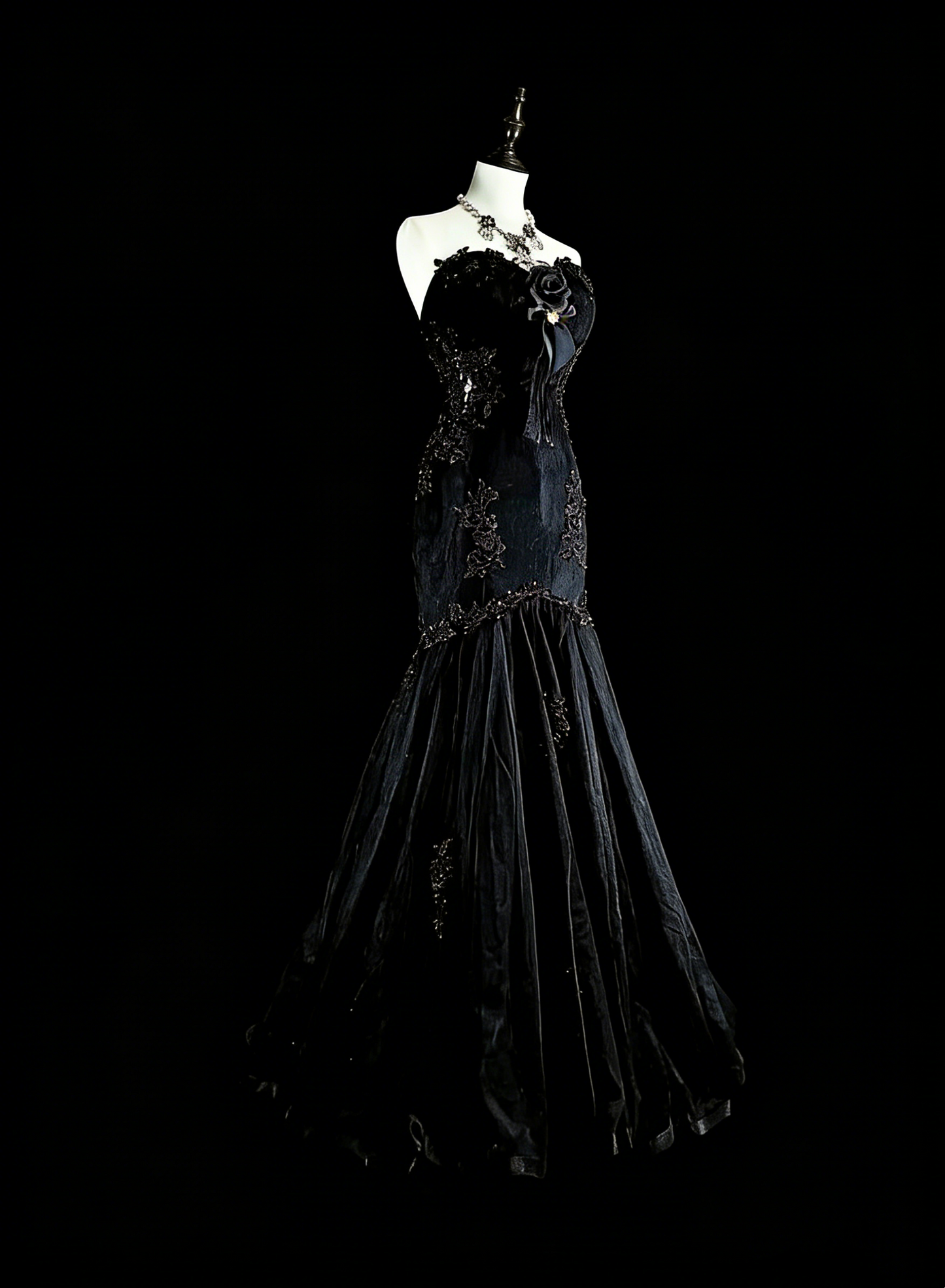 Vintage Prom Dresses Aesthetic Mermaid Sweetheart Black Tulle With Appliques Long Formal Dress N2157
