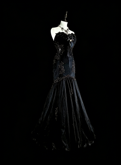 Vintage Prom Dresses Aesthetic Mermaid Sweetheart Black Tulle With Appliques Long Formal Dress N2157