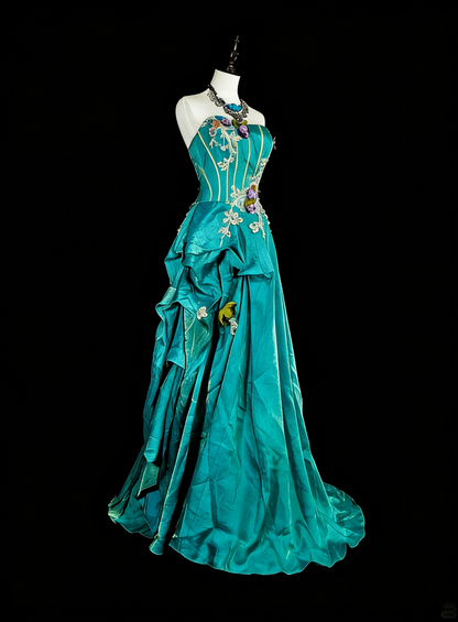 Vintage A line Strapless Blue 70s Satin With Appliques Long Prom Gown Party Wear Fashion Dresses N1830