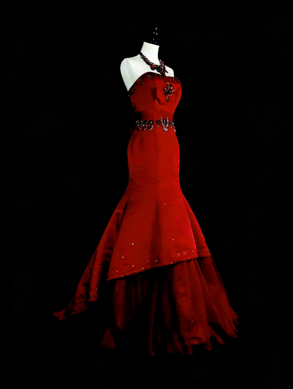 Modest Mermaid Strapless Red Tulle Long Summer For High Schools Prom Dresses Spring Formal Dress N1426