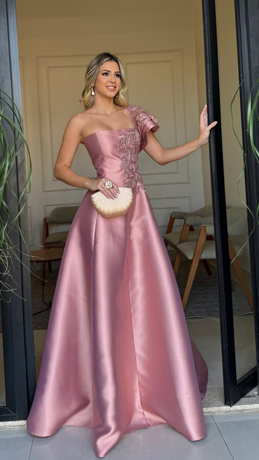 Simple A Line One Shoulder Satin Sleeveless Pink Long Prom Dresses Wedding Guest Dress Classy Prom Gowns AB234