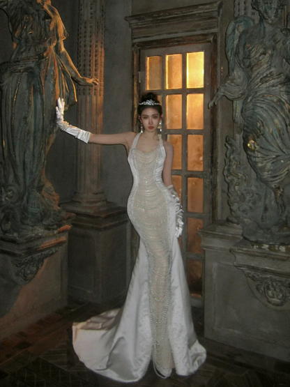 Sexy Mermaid Halter White Wedding Dress With Pearls Fairytale Brides Gown Wedding Dresses N068