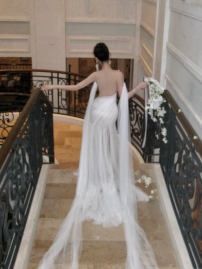 Simple Mermaid Off The Shoulder Tulle White Wedding Dress With Pleated Ruched Fairytale Brides Gown Wedding Dresses N066
