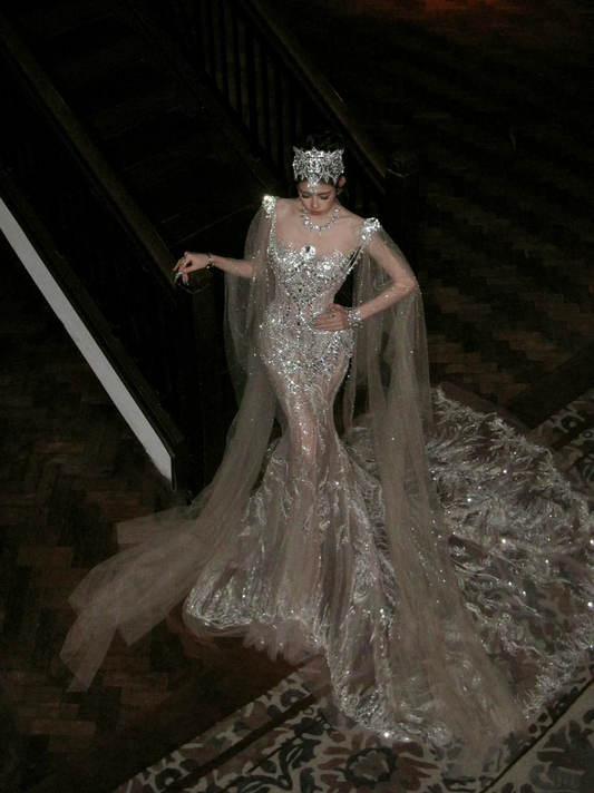 Glittery Mermaid Silver Sequin Long Court Train Wedding Dress With Cape Fairytale Brides Gown Wedding Dresses N067