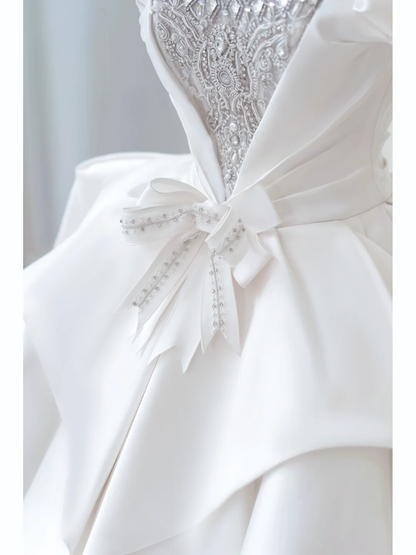 Simple Ball Gown Off The Shoulder Satin Lace White Fit And Flare Long Floor Length Pleats Wedding Dress AB1010