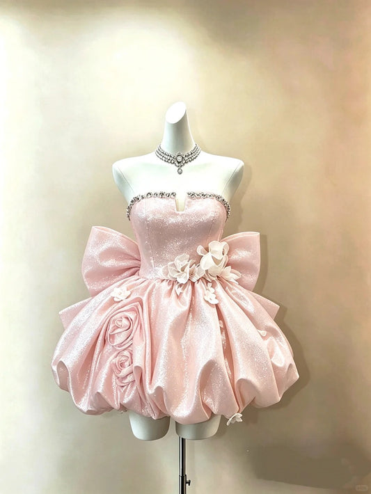 Flirty Short Homecoming Dresses Ball Gown Strapless Pink Organza Semi Formal Graduation Mini Hoco Outfit RB4706