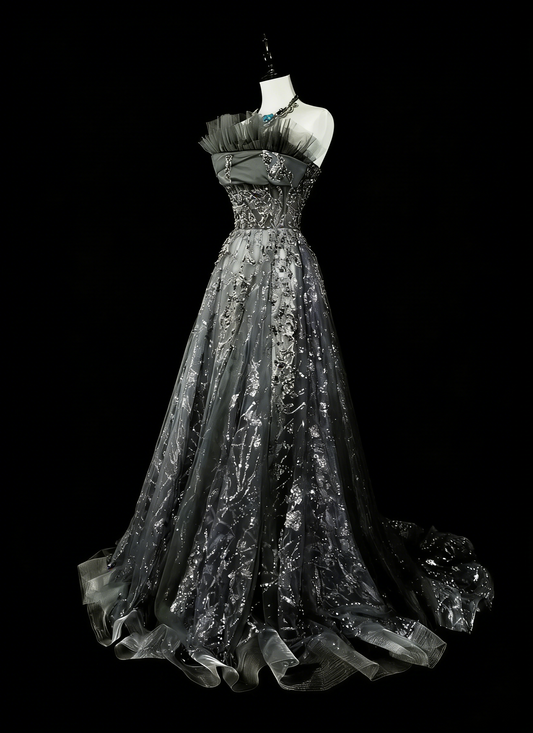 Vintage Prom Dresses Aesthetic 1960s Retro Ball Gown Grey Sequins Long Party Dress N2147