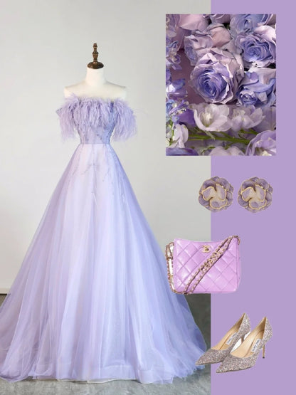 Ball Gown Strapless Lilac Tulle With Feathers Long Prom Dress Fashion Aesthetic High School Formal Dresses Party Outfits Prom Gown N678