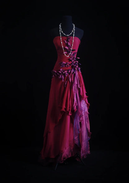 Beautiful Prom Dresses A line Strapless Hot Pink Chiffon Long Evening Outfits N3436