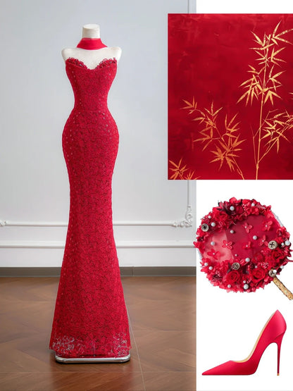 Romantic Mermaid Sweetheart Red Lace With Scarf Long Prom Dresses Impress 18th Birthday Outfits Party Gown N395