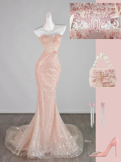 Classy Mermaid Pink Strapless Sequin Sleeveless Senior Prom dresses High School Formal Dress N1287