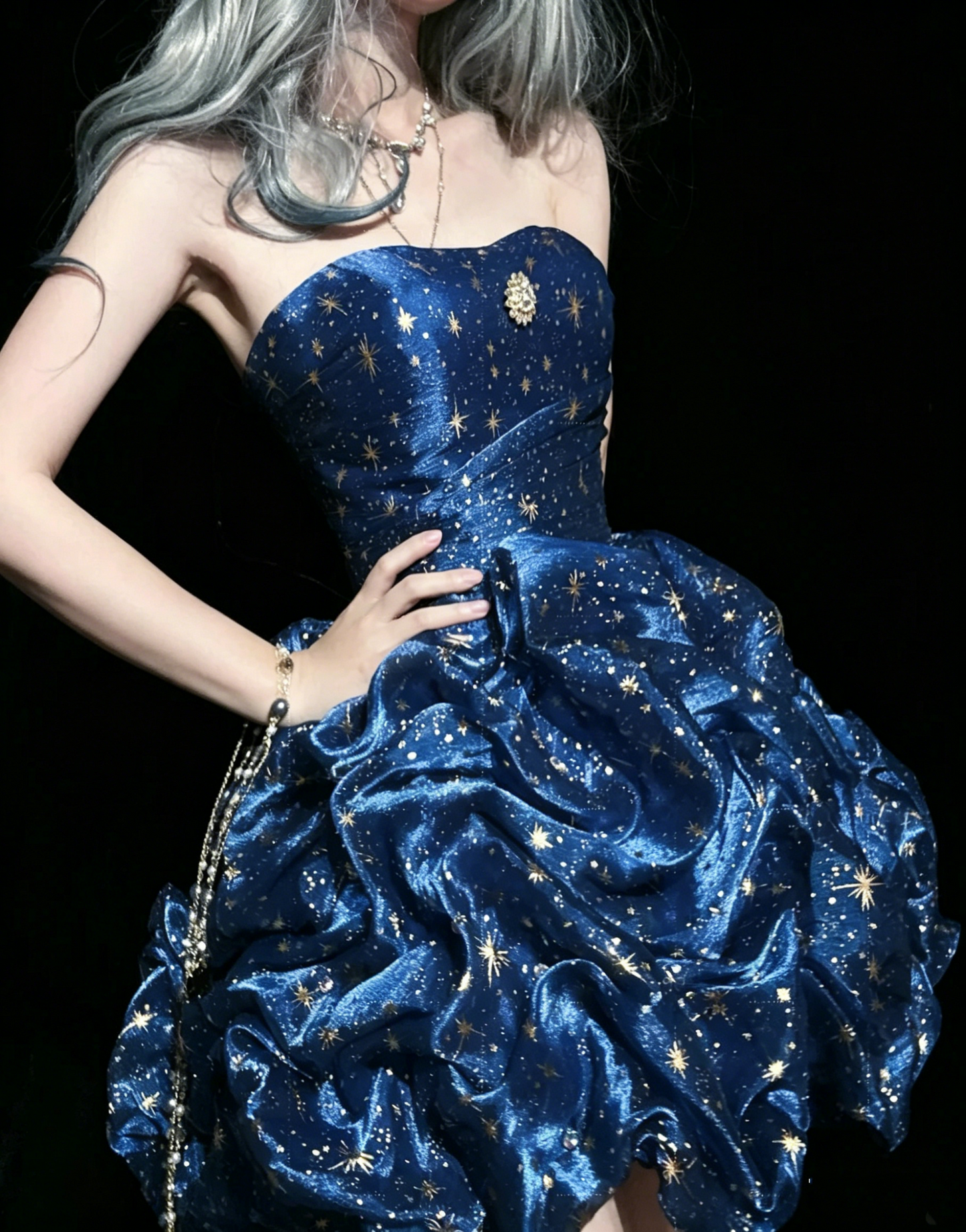 Glam Ball Gown Sweetheart Navy Blue With Gold Strars Party Dress Cocktail Gown Homecoming Dresses N3813