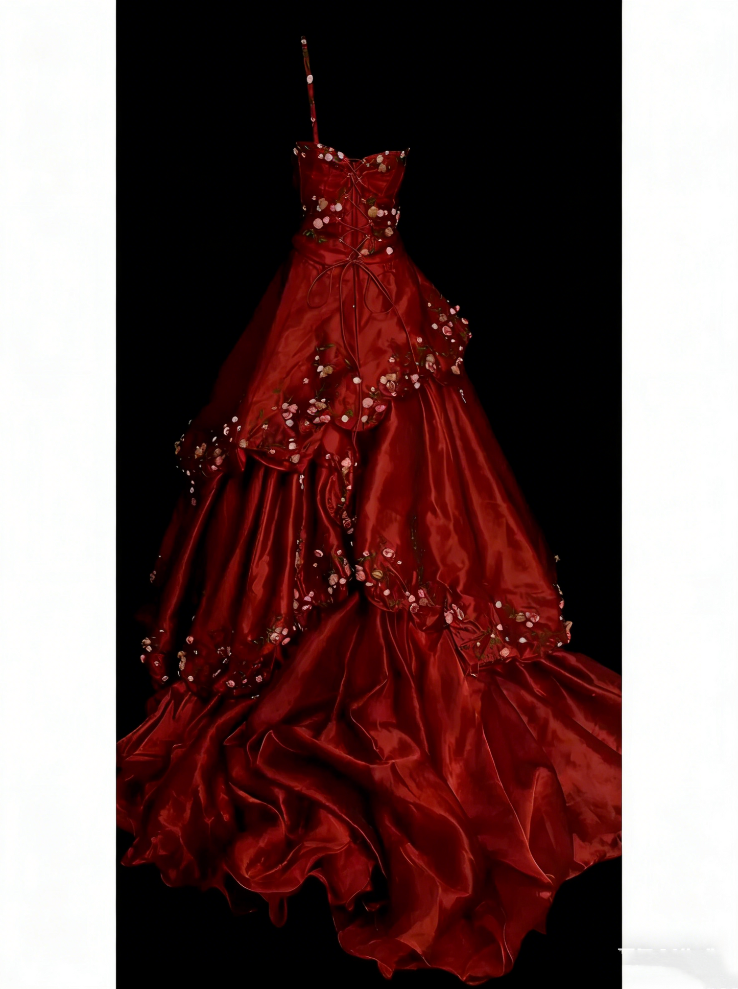 Sweet Ball Gown One Shoulder Dark Red Satin With Tiered Layers Ruffles Long Party Gowns Prom Dresses N2241