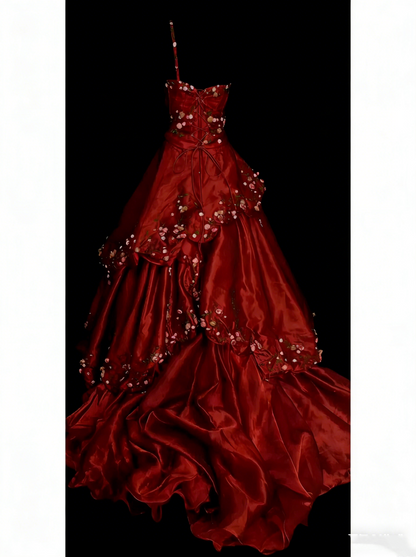 Sweet Ball Gown One Shoulder Dark Red Satin With Tiered Layers Ruffles Long Party Gowns Prom Dresses N2241