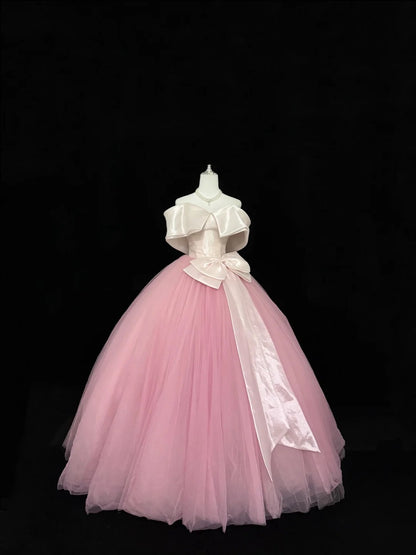 Prom Dress Long Floor Length Ball Gown Off Shoulder Tulle Pink With Sleeves Formal Evening Gown For Women RC0287