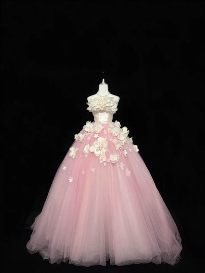 Sweet 16 Dresses Long Ball Gown Sweet Sixteen Long Birthday Dress Strapless Pink Tulle Formal Gown RC0332