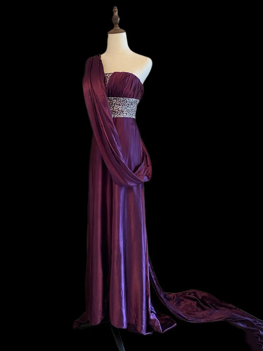 Vintage A line Strapless Purple With Beads Satin Prom Dresses Inspo Evening Outfits RB4025