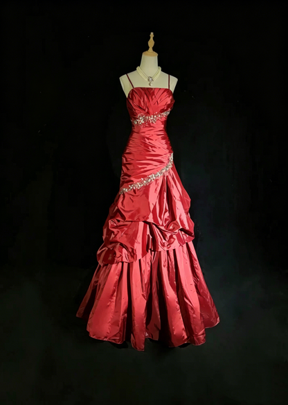 Vintage Prom Dresses Ball Gown Spaghetti Strap Teal Blue Sleeveless Taffeta 90s Long Formal Gown N2893