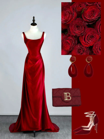 Stunning Mermaid Square Neck Burgundy Satin Long Prom Dresses Inspiration Evening Dress Princess Graduation Gown N1086