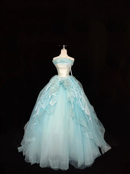 Cute Sweet 16 Dresses Long Ball Gown Strapless Blue Lace Tulle Formal Sweet Sixteen Birthday Gown RC0264