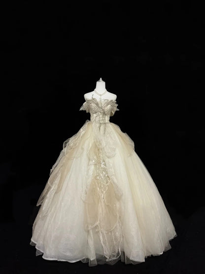 Sweet 15 Quinceanera Dress Ball Gown Off Shoulder Gold With Lace Appliques Tulle 15th Birthday Gown RC0263