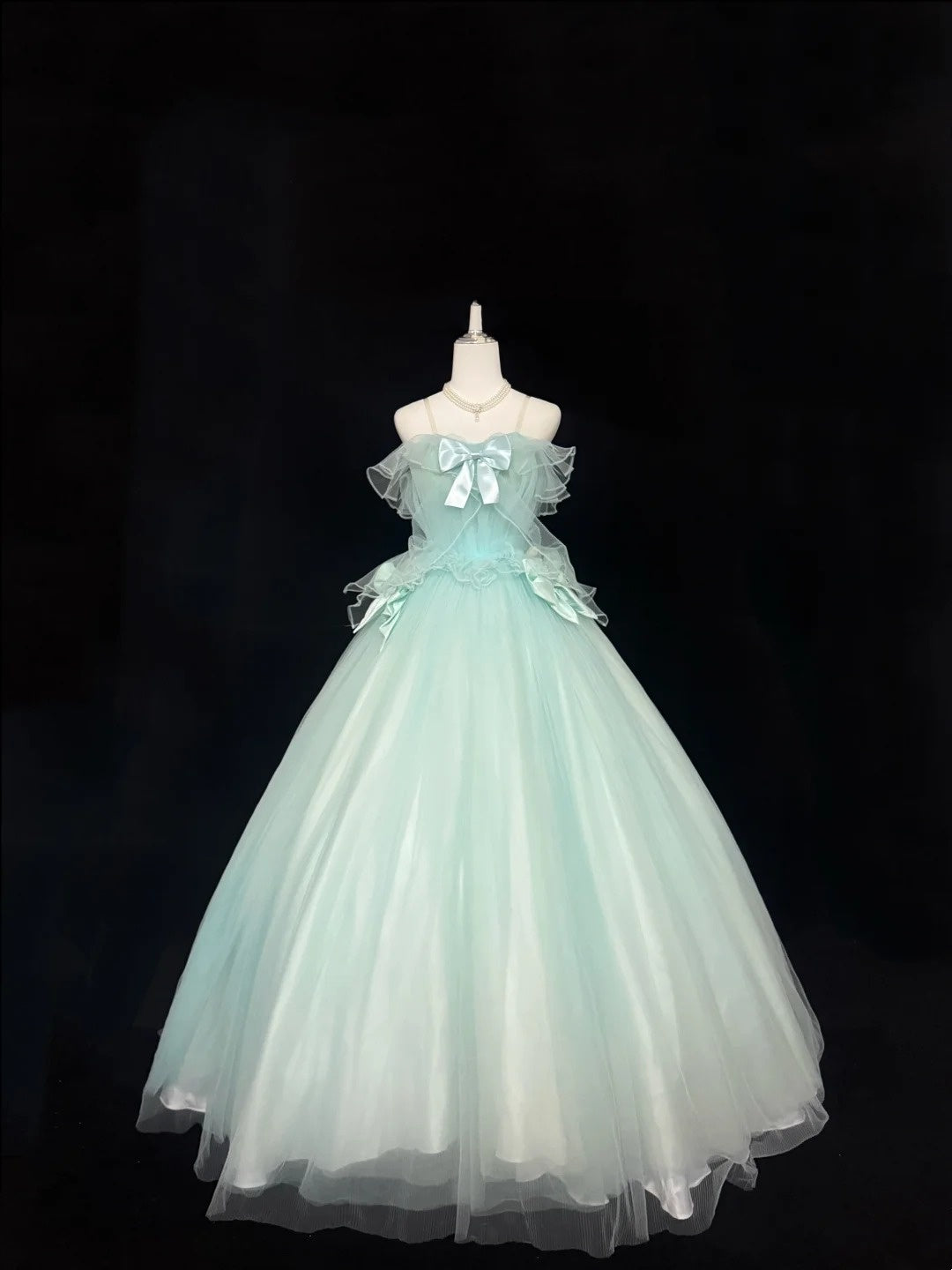 Mint Green Prom Dress Long Floor Length Ball Gown Straps With Bow-knot Formal Evening Gown For Women RC0244