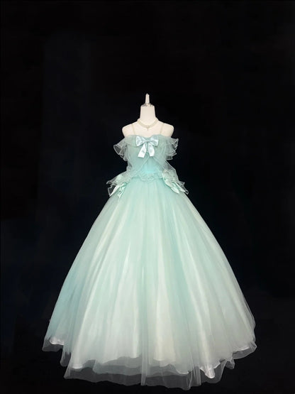 Mint Green Prom Dress Long Floor Length Ball Gown Straps With Bow-knot Formal Evening Gown For Women RC0244