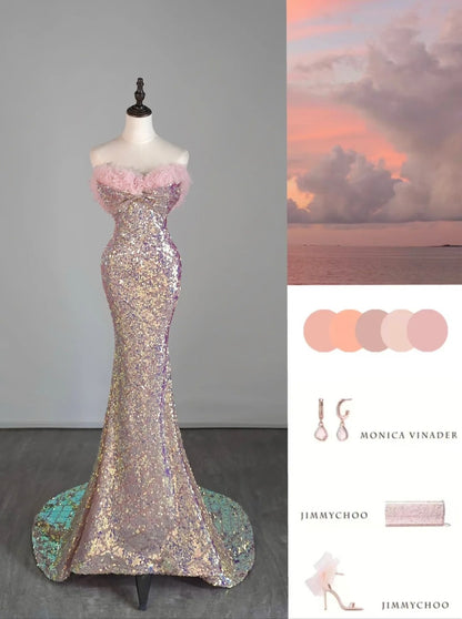 Modest Mermaid Sweetheart Pink Sequin Long Prom Dresses Night Semi Formal Dresses N686