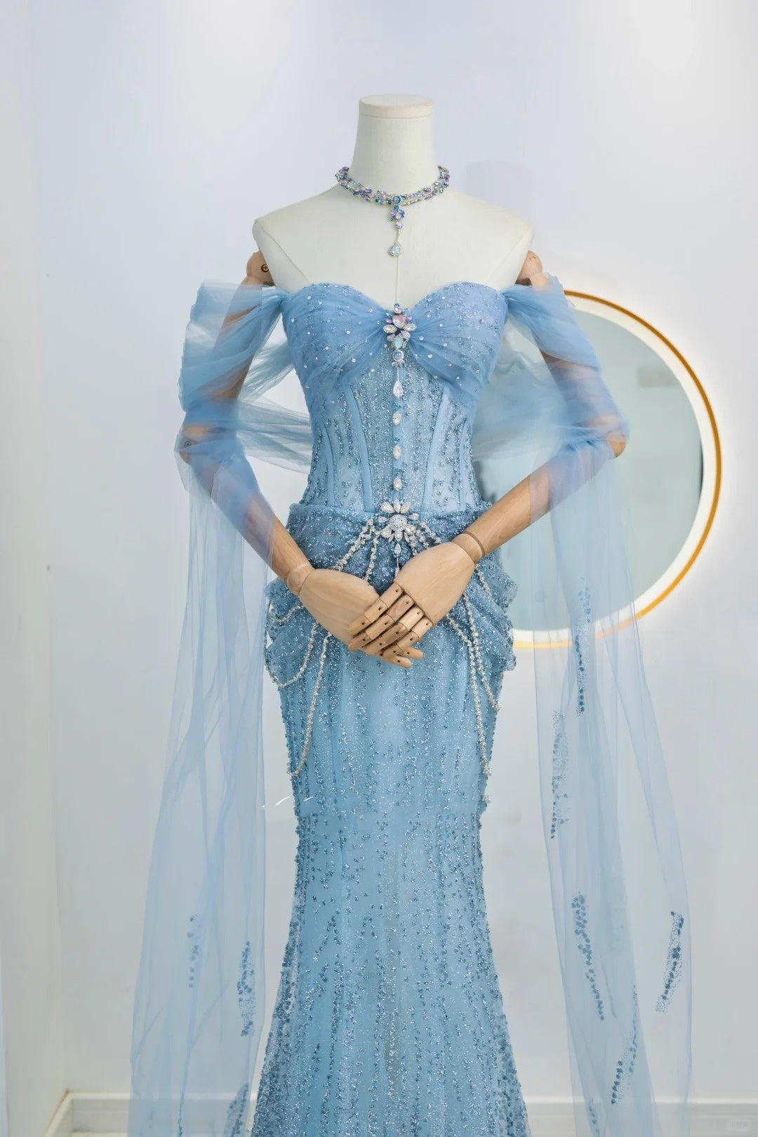 Sparkly Mermaid Off The Shoulder Blue Sequined Long Prom Dresses Party Dress Birthday Outfits Graduation Gown N2842