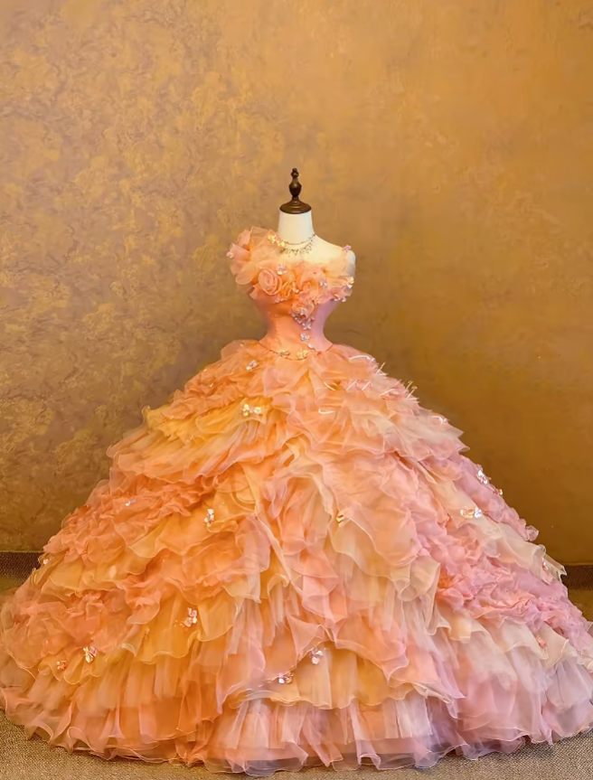 Straps Pink Yellow Ombre Tiered Tulle Sweet 16 Ball Gown Sweet Sixteen Dress RC0028
