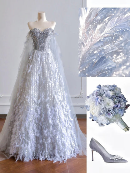 Timeless Ball Gown Sweetheart Silver Sequin With Beaded Feathers Long Prom Dresses Inspiration Party Dress Prom Gowns N306
